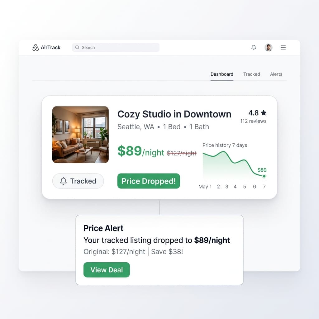 TrackBnb Dashboard showing a tracked Airbnb listing with price history chart and price drop alert